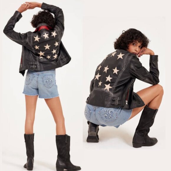 Mauritius Christy Rf Star Detail Leather Jacket, Vintage Black - NEW - Picture 2 of 15